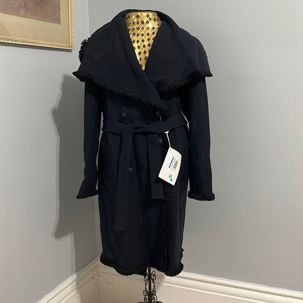 THAKOON Coat in Navy with Black Fringe - Size 10 NWT!